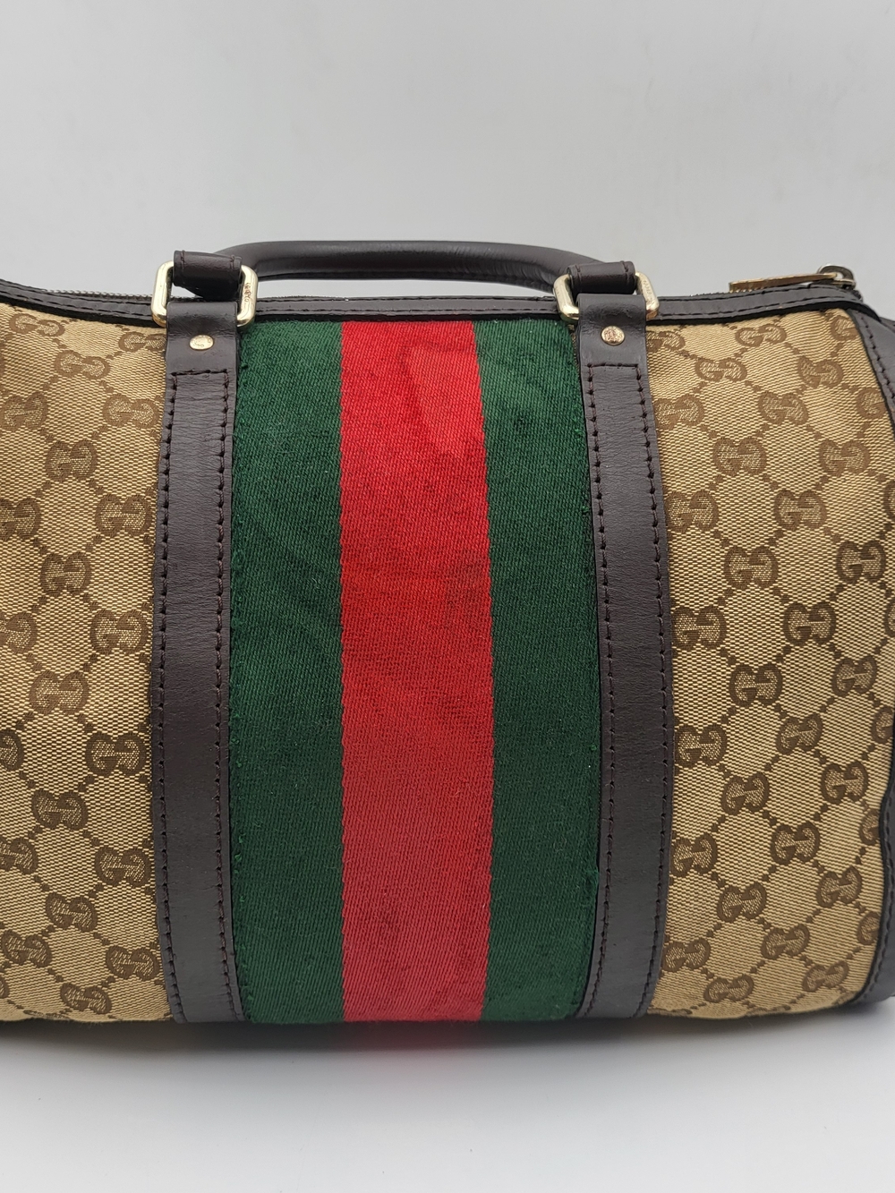 GUCCIMonogram Selleria Calfskin Vintage Web Medium Boston Brown, Auth. w/COA.. - Picture 3 of 16